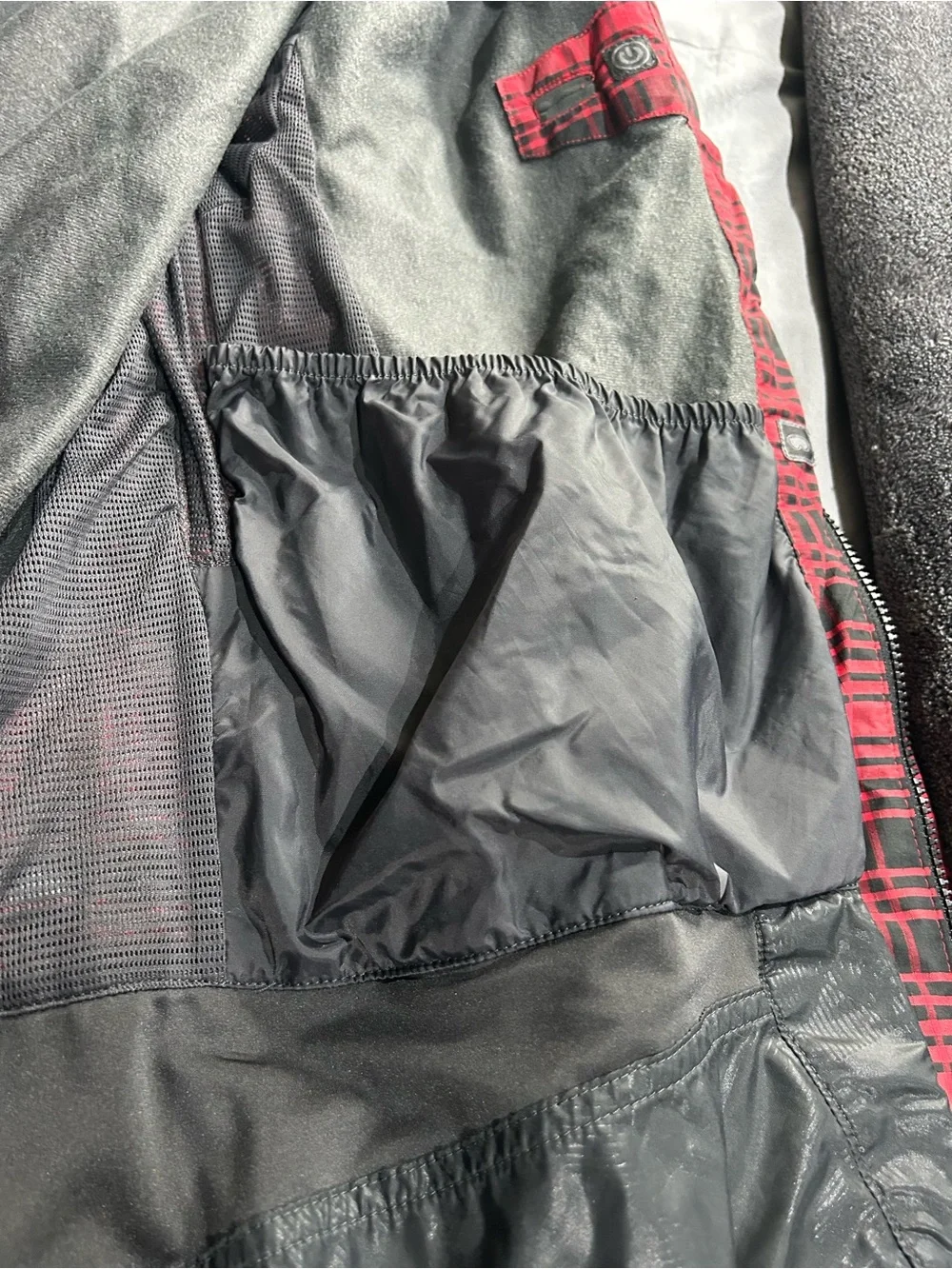 The North Face Red and Black Plaid Hooded Ski Jacket